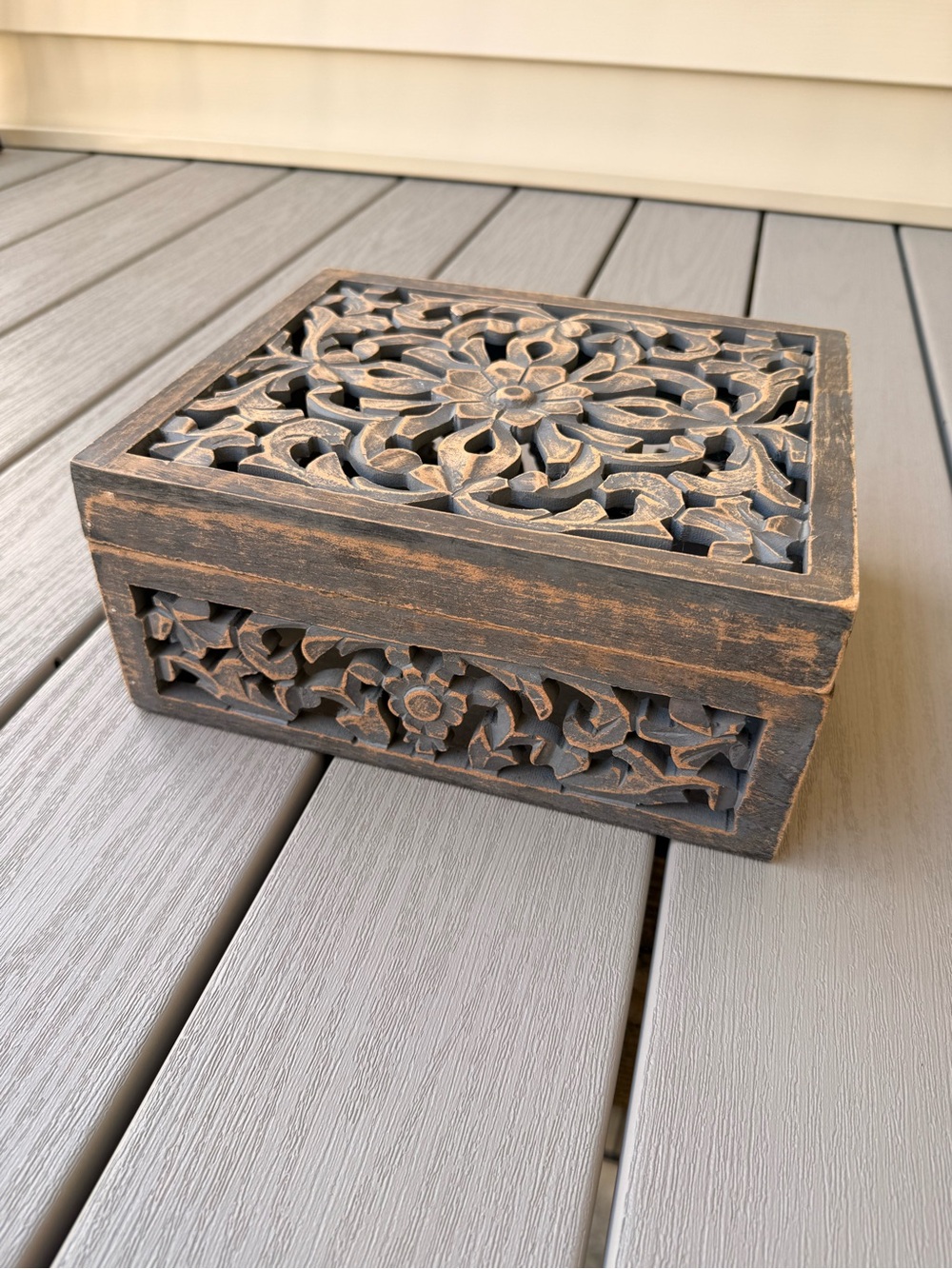 Carved Wood Floral Openwork Keepsake Jewelry Box Made in India